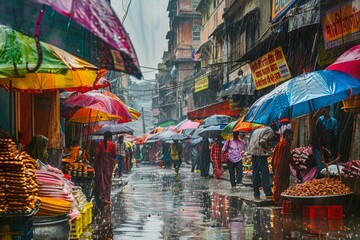 A vibrant bazaar scene with rain-soaked streets, colorful umbrellas, and shoppers enjoying seasonal discounts --ar 3:2 Job ID: 4a4bb118-b611-44bd-88d4-ec5be74f9f7f