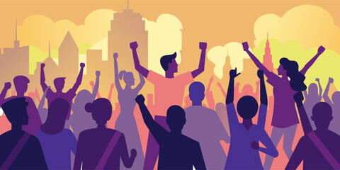 Silhouette illustration of a vibrant crowd protesting in a cityscape at sunset, people raising fists in solidarity, embodying strength, unity, and the fight for social justice
