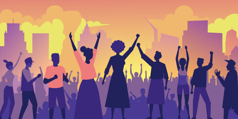 Silhouetted figures of a diverse group of people rallying together in a peaceful protest, with raised fists and placards against a vibrant sunset cityscape backdrop, depicting unity and activism