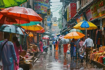 Fototapeta na wymiar A vibrant bazaar scene with rain-soaked streets, colorful umbrellas, and shoppers enjoying seasonal discounts --ar 3:2 Job ID: c71a54f9-99d5-46ac-a7bd-45da6f12c84c