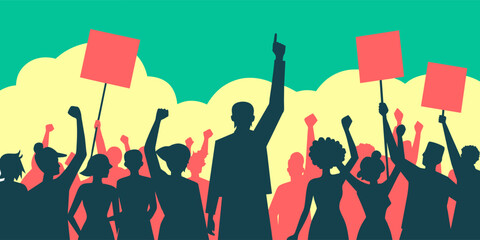Illustration of a diverse group of people collectively protesting, raising signs, and fists in solidarity against a vibrant background, representing a powerful moment of unity and social activism