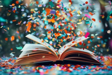 An open book surrounded by a burst of colorful confetti, symbolizing the joy and excitement of...