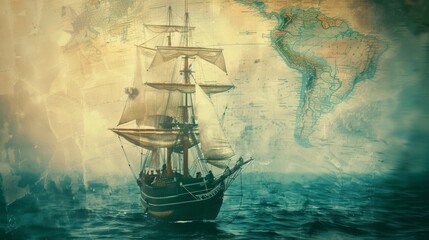 Sailing ship in sea water with world map.