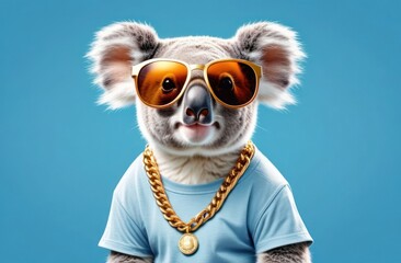 Fototapeta premium Hip hop koala rocks sunglasses, gold chain, blue t-shirt. Perfect for trendy apparel, backpacks, and notebooks.