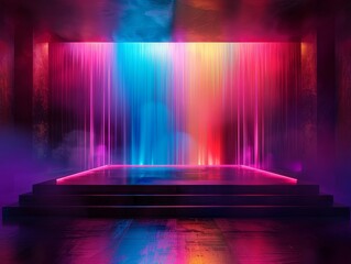 The quiet before the dance with a stage illuminated by colorful lights and a dark backdrop preparing for a concert or club event.
