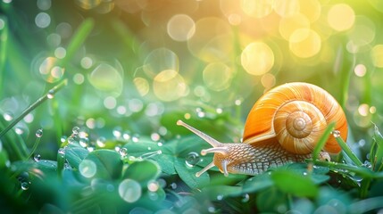 Beautiful lovely snail in grass with morning dew, macro, soft focus. Grass and clover leaves in droplets of water in spring summer nature. Amazingly cute artistic image of pure nature.