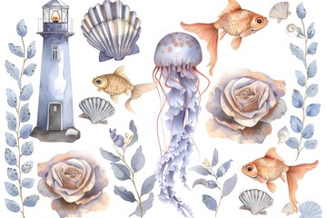 watercolor, cute and creepy sea animals clipart set