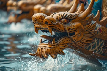 Close-up of a dragon boat's head with intricate carvings, splashing through the water as rowers in traditional attire paddle vigorously --ar 3:2 Job ID: 69af0555-6074-4e74-b7f6-1b41f3128cfd