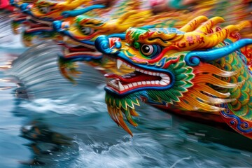 Create vibrant images of dragon boats with intricate designs, paddles in motion, and team coordination during the race. 