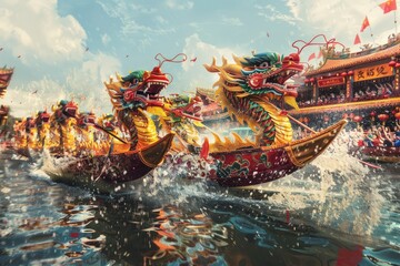 Dynamic scene of a Dragon Boat Festival race with multiple ornate dragon boats, their paddles slicing through the water in unison, with spectators cheering from the riverbank