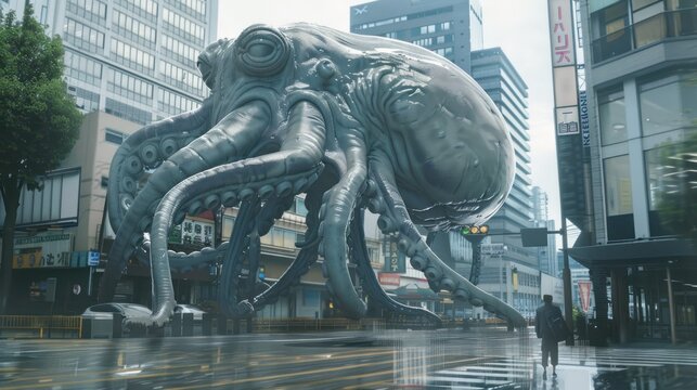 Giant monster squid Alien robot is walking in modern road city AI generated image