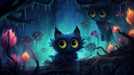 A cartoon of two cats sitting on a branch in a forest. Scene is playful and whimsical