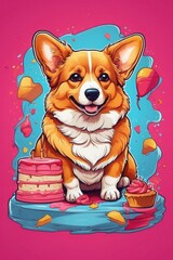 colorful happy birthday card of corgi with a cake 