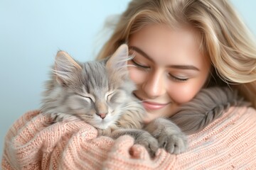 Woman cuddling a sleeping grey cat