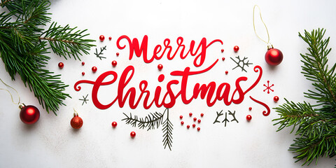 Christmas card with the inscription "Merry Christmas". Christmas background with fir branches and red Christmas balls on a white background.