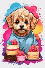 colorful happy birthday card of maltipoo with a cake  - obrazy, fototapety, plakaty