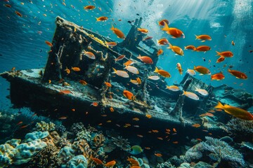 Underwater scene with a school of tropical fish swimming around a sunken shipwreck covered in...