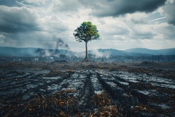 A powerful image of a single tree standing tall amidst a deforested landscape, symbolizing hope and...