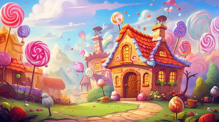 A colorful, whimsical scene of a candy-themed village with a house and a path leading to it