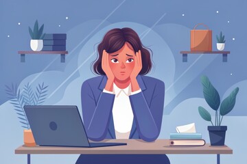 Burnout concept illustration with exhausted female office worker sitting at the table. Frustrated worker, mental health problems.