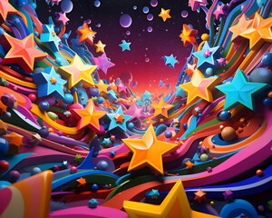 cartoonish 3d illustration visualize mythical abstract background with colorful space, stars, cloud and wave.