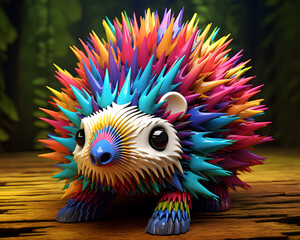 cartoonish 3d illustration visualize mythical animal. rainbow .porcupine