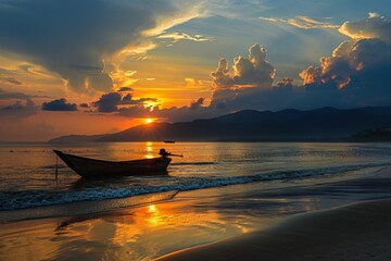 a wonderful sunset at the beach, boat riding far away --ar 3:2 Job ID: ff1d3084-0b93-4a01-97ff-b9c339725979