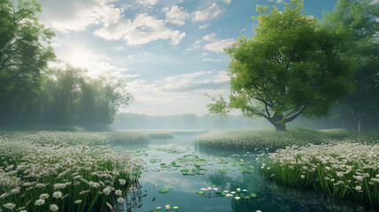 Spring Tranquil Landscape: Serene Lake Amidst Lush Greenery with White Flowers