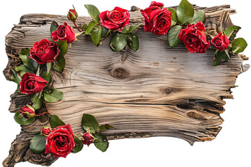 Freigestellter leerer Textbanner aus Holz mit roten Rosen 
