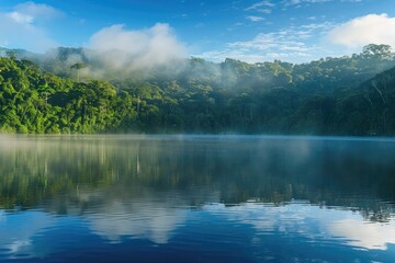 Fototapeta premium A panoramic view of a serene lake at dawn with mist rising from the surface and the first rays of sunlight piercing through the dense forest in the background