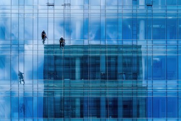 high-altitude workers wash windows on a modern glass building