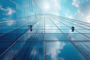 Obraz premium high-altitude workers wash windows on a modern building