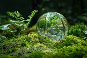 Glass globe in the forest with green moss and ferns
