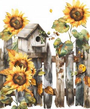 sunflowers, birdhouse, fence watercolor painting clip art preview