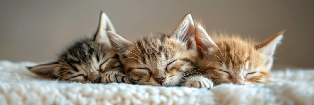 three cute kittens sleep serenely, the banner is suitable for advertising a pet store, food for baby cats, care products