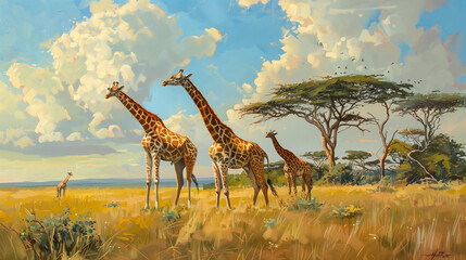 Harmonious Serenity: Majestic Giraffes Gracefully Grazing in the African Landscape