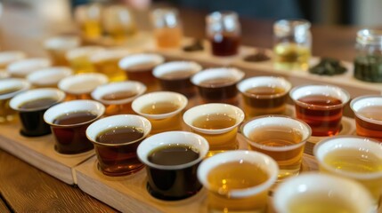 A variety of tea samples in ceramic cups, displaying a spectrum of colors from light to dark, offering a visual treat for tea enthusiasts.