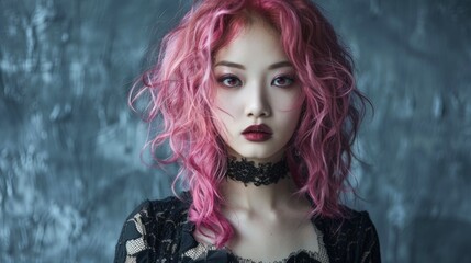 Adult Chinese Woman with Pink Curly Hair Goth style Illustration.