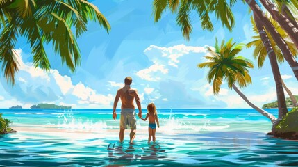 Family in tropical sea with palm tree in vacation.