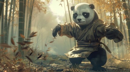 3D cartoon character of a panda doing kung-fu in bamboo forest.