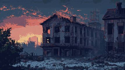 pixel art of abandoned building dungeon background battle scene in RPG old school retro 16 bits, 32 bits game style