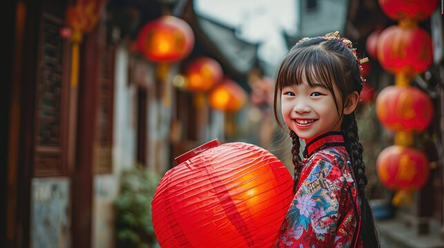 A little girl with a red lantern in street to celebrate Chinese lunar new year.