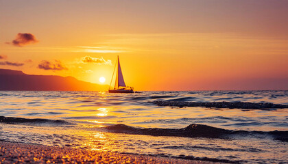 Sunset over calm sea, sailboat on horizon. 
