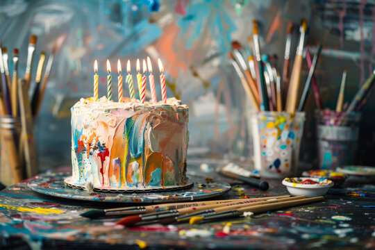 creative and artistic birthday cake with candles, surrounded by paintbrushes and art supplies, in a studio or workshop setting