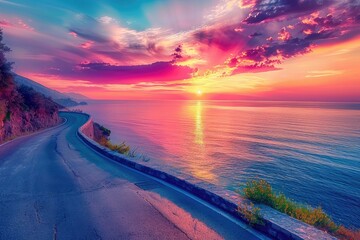 highway landscape at colorful sunset. Road view on the sea. colorful seascape with beautiful road. Way view on ocean beach. coastal road in europe. Beautiful nature scenery in the Mediterranean.