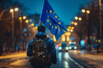 EU Elections 2024 Civic Engagement, Young Voter Carrying European Union Flag in Urban Night Scene, Symbol of Political Commitment and Solidarity