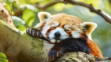 A red panda rests oon a tree this endangered specie is also known as lesser panda or red cat bear