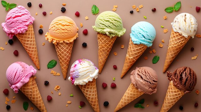 A top view of colorful ice cream scoops with freshly baked cones arranged on the brown background