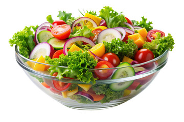 Isolated Bowl of Salad: A bowl of fresh salad isolated on a transparent background, featuring colorful vegetables, greens, and dressing, suitable for healthy eating illustrations and salad recipes.

