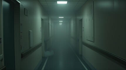 Eerie and Mysterious Hospital Corridor with Fog